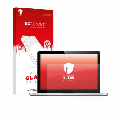 Face avant d’un emballage produit avec le logo de la marque upscreen. À côté, l’appareil est représenté avec la protection d’é