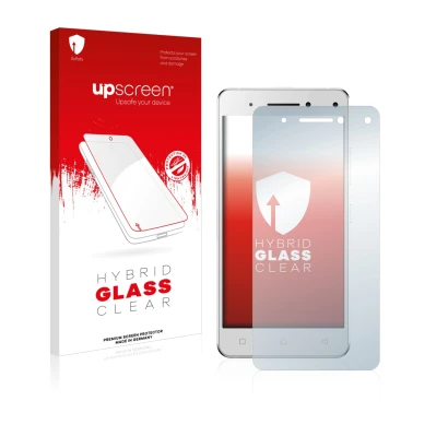 Face avant d’un emballage produit avec le logo de la marque upscreen. À côté, l’appareil Lenovo Vibe S1 est représenté avec la