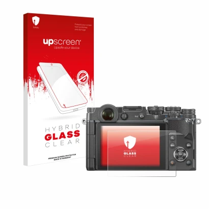 Face avant d’un emballage produit avec le logo de la marque upscreen. À côté, l’appareil Olympus PEN-F est représenté avec la 