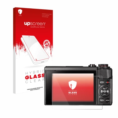 Face avant d’un emballage produit avec le logo de la marque upscreen. À côté, l’appareil Canon PowerShot G7 X Mark II est repr