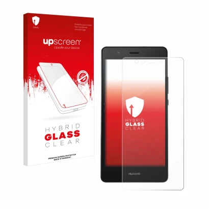 Face avant d’un emballage produit avec le logo de la marque upscreen. À côté, l’appareil Huawei P9 est représenté avec la prot