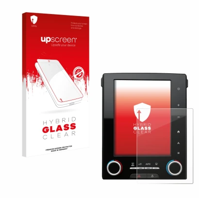 Face avant d’un emballage produit avec le logo de la marque upscreen. À côté, l’appareil Renault Megane GT R-Link 2 8.7" est r