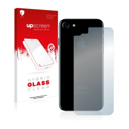 Face avant d’un emballage produit avec le logo de la marque upscreen. À côté, l’appareil Apple iPhone 7 Le dos (toute la surfa