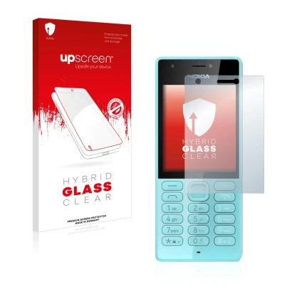 Face avant d’un emballage produit avec le logo de la marque upscreen. À côté, l’appareil Nokia 216 est représenté avec la prot