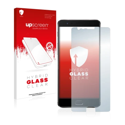 Face avant d’un emballage produit avec le logo de la marque upscreen. À côté, l’appareil OnePlus 3T est représenté avec la pro