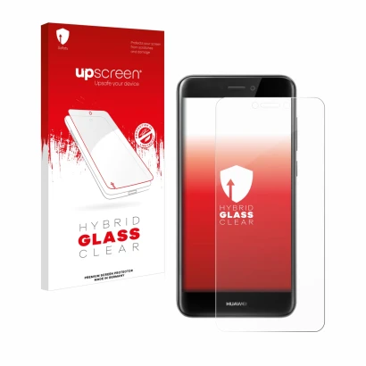 Face avant d’un emballage produit avec le logo de la marque upscreen. À côté, l’appareil Huawei P8 Lite 2017 est représenté av