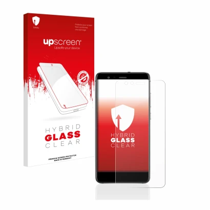 Face avant d’un emballage produit avec le logo de la marque upscreen. À côté, l’appareil Huawei P10 Lite est représenté avec l