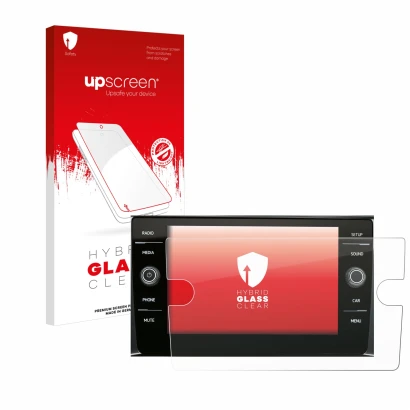 Face avant d’un emballage produit avec le logo de la marque upscreen. À côté, l’appareil Volkswagen Composition Media 2017 est