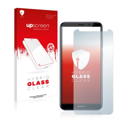 Face avant d’un emballage produit avec le logo de la marque upscreen. À côté, l’appareil Huawei Mate 10 Lite est représenté av