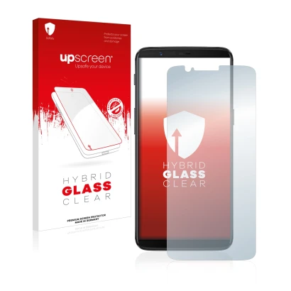 Face avant d’un emballage produit avec le logo de la marque upscreen. À côté, l’appareil OnePlus 5T est représenté avec la pro