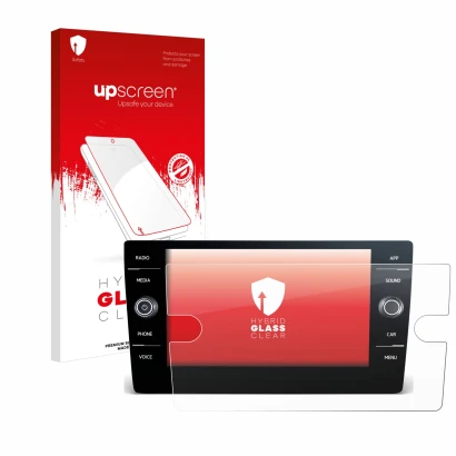 Face avant d’un emballage produit avec le logo de la marque upscreen. À côté, l’appareil Volkswagen T-Roc 2017-2019 Discover M