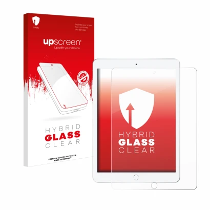 Face avant d’un emballage produit avec le logo de la marque upscreen. À côté, l’appareil Apple iPad 9.7" 2018 (6ème Gen.) est