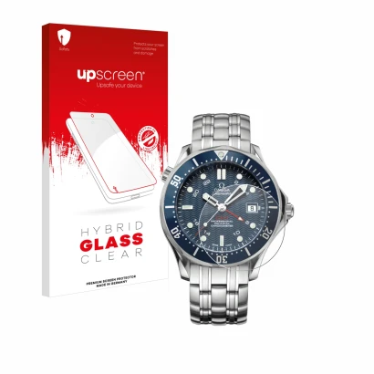 Face avant d’un emballage produit avec le logo de la marque upscreen. À côté, l’appareil Omega Seamaster Diver (41 mm) est rep