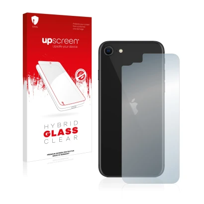 Face avant d’un emballage produit avec le logo de la marque upscreen. À côté, l’appareil Apple iPhone SE 2 2020 (Le dos) est r