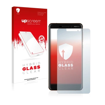 Face avant d’un emballage produit avec le logo de la marque upscreen. À côté, l’appareil Nokia 6.1 est représenté avec la prot