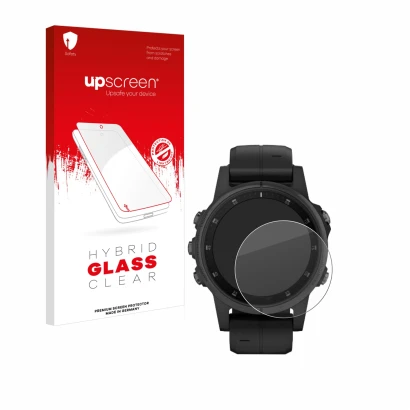 Face avant d’un emballage produit avec le logo de la marque upscreen. À côté, l’appareil Garmin Fenix 5S Plus (42 mm) est repr