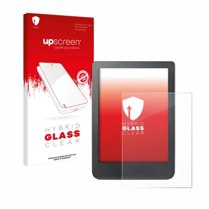 Face avant d’un emballage produit avec le logo de la marque upscreen. À côté, l’appareil Kobo Clara HD (6") est représenté ave