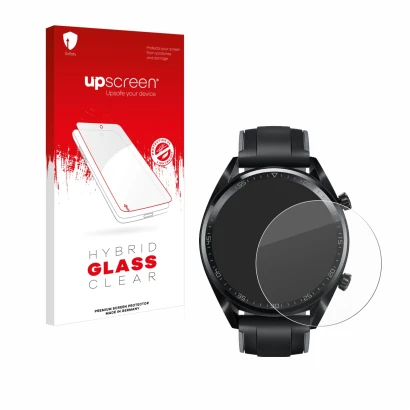 Face avant d’un emballage produit avec le logo de la marque upscreen. À côté, l’appareil Huawei Watch GT (46 mm) 2018 est repr