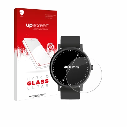 Face avant d’un emballage produit avec le logo de la marque upscreen. À côté, l’appareil Circulaire Displays (ø: 40 mm) est re