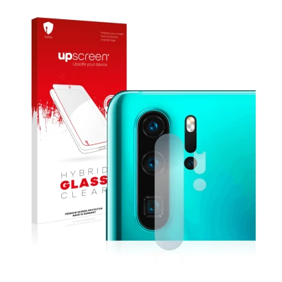 Face avant d’un emballage produit avec le logo de la marque upscreen. À côté, l’appareil Huawei P30 Pro (Caméra UNIQUEMENT) es