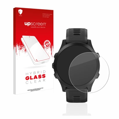 Face avant d’un emballage produit avec le logo de la marque upscreen. À côté, l’appareil Garmin Forerunner 945 est représenté