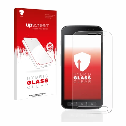 Face avant d’un emballage produit avec le logo de la marque upscreen. À côté, l’appareil Samsung Galaxy XCover 4s est représen