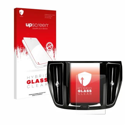 Face avant d’un emballage produit avec le logo de la marque upscreen. À côté, l’appareil Volvo V60 Sensus Connect 2019-2020 es