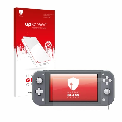 Face avant d’un emballage produit avec le logo de la marque upscreen. À côté, l’appareil Nintendo Switch Lite est représenté a