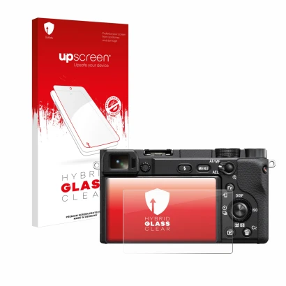 Face avant d’un emballage produit avec le logo de la marque upscreen. À côté, l’appareil Sony Alpha 6100 est représenté avec l