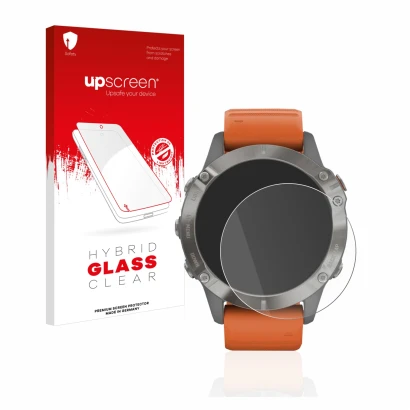 Face avant d’un emballage produit avec le logo de la marque upscreen. À côté, l’appareil Garmin Fenix 6 Pro est représenté ave