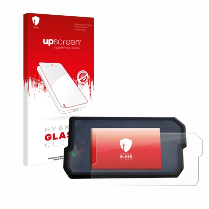 Face avant d’un emballage produit avec le logo de la marque upscreen. À côté, l’appareil KTM 125 / 390 Duke 2017+ est représen