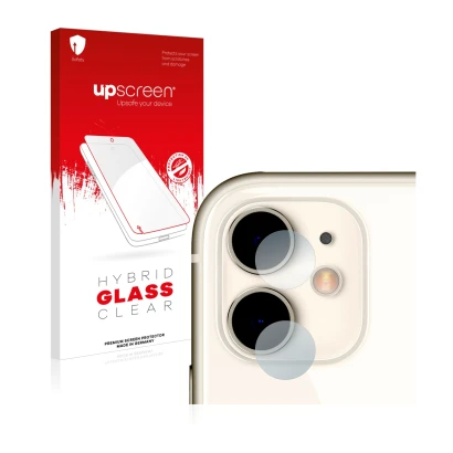 Face avant d’un emballage produit avec le logo de la marque upscreen. À côté, l’appareil Apple iPhone 11 (Caméra UNIQUEMENT) e