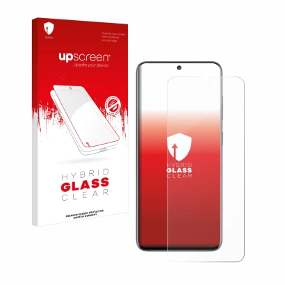 Face avant d’un emballage produit avec le logo de la marque upscreen. À côté, l’appareil Samsung Galaxy S20 est représenté ave