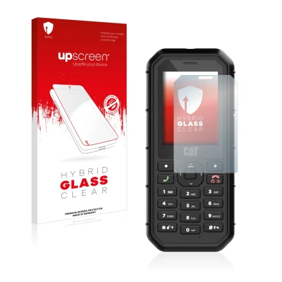 Face avant d’un emballage produit avec le logo de la marque upscreen. À côté, l’appareil Caterpillar Cat B26 est représenté av