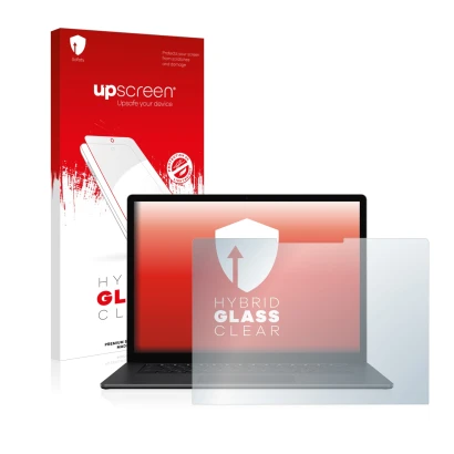 Face avant d’un emballage produit avec le logo de la marque upscreen. À côté, l’appareil Microsoft Surface Laptop 3 15