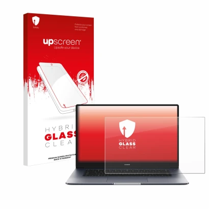 Face avant d’un emballage produit avec le logo de la marque upscreen. À côté, l’appareil Honor MagicBook 15" est représenté av