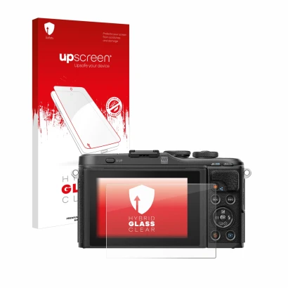 Face avant d’un emballage produit avec le logo de la marque upscreen. À côté, l’appareil Olympus PEN E-PL10 est représenté ave