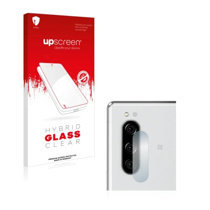 Face avant d’un emballage produit avec le logo de la marque upscreen. À côté, l’appareil Sony Xperia 5 (Caméra UNIQUEMENT) est