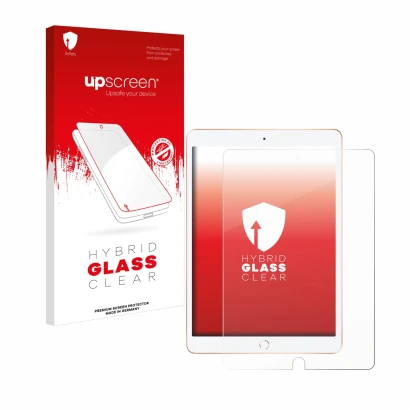 Face avant d’un emballage produit avec le logo de la marque upscreen. À côté, l’appareil Apple iPad 10.2" WiFi 2019 (7ème Gen.