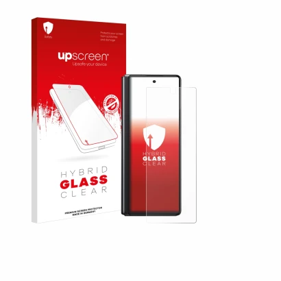 Face avant d’un emballage produit avec le logo de la marque upscreen. À côté, l’appareil Samsung Galaxy Z Fold 2 5G est représ