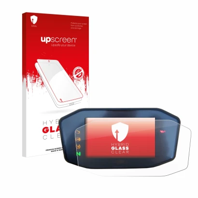 Face avant d’un emballage produit avec le logo de la marque upscreen. À côté, l’appareil KTM 890 Duke R 2020 TFT Screen est re