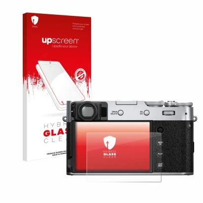 Face avant d’un emballage produit avec le logo de la marque upscreen. À côté, l’appareil Fujifilm X100V est représenté avec la