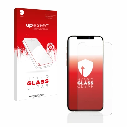 Face avant d’un emballage produit avec le logo de la marque upscreen. À côté, l’appareil Apple iPhone 12 mini est représenté a