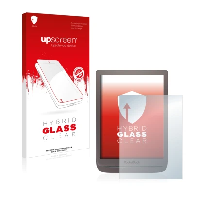 Face avant d’un emballage produit avec le logo de la marque upscreen. À côté, l’appareil PocketBook InkPad 3 Pro est représent