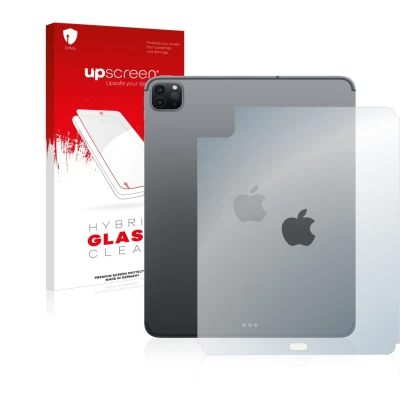 Face avant d’un emballage produit avec le logo de la marque upscreen. À côté, l’appareil Apple iPad Pro 11" 2020 (Arrière, 2e