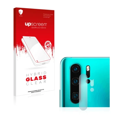 Face avant d’un emballage produit avec le logo de la marque upscreen. À côté, l’appareil Huawei P30 Pro New Edition (Caméra UN