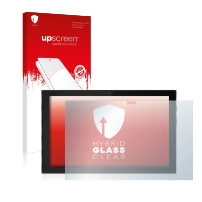 Face avant d’un emballage produit avec le logo de la marque upscreen. À côté, l’appareil Lenovo IdeaPad Duet 3i (en paysage) e