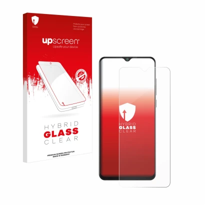 Face avant d’un emballage produit avec le logo de la marque upscreen. À côté, l’appareil Cubot Note 20 est représenté avec la 