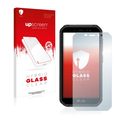 Face avant d’un emballage produit avec le logo de la marque upscreen. À côté, l’appareil Ulefone Armor X7 Pro est représenté a