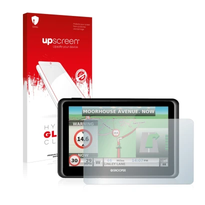 Face avant d’un emballage produit avec le logo de la marque upscreen. À côté, l’appareil Snooper Truckmate S6900 est représent